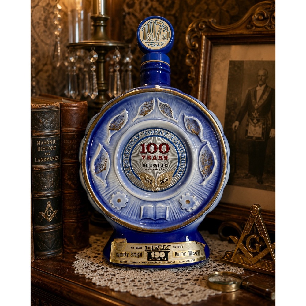 Jim Beam Reidsville NC Centennial Decanter 1873-1973 Blue Gold Vintage Ceramic